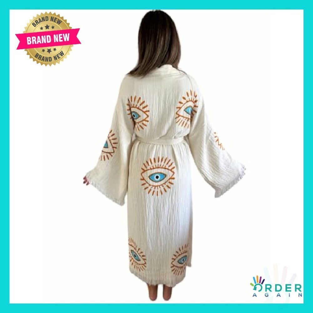 Handmade Evil Eye Kimono Boho Cotton Cardigan Festival Beach Cover Up - Picture 7 of 8